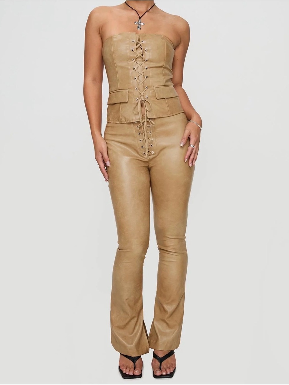 NWT Princess Polly Stagecoach Brown Faux Leather Lace Up Pants US 8 AU 12 flared
